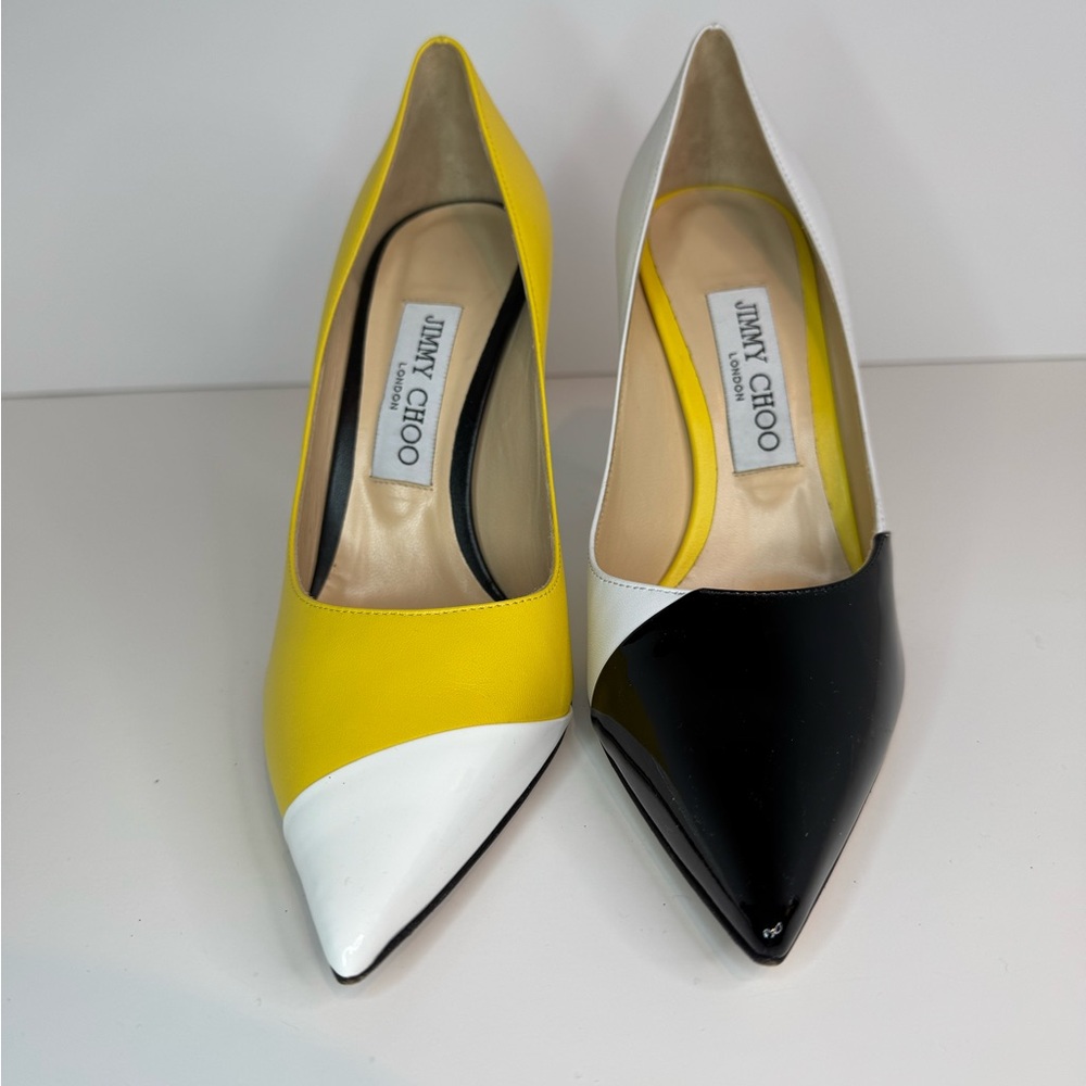 New! Never Worn! Jimmy Choo Yellow and Black Heels with Color-Block Design!